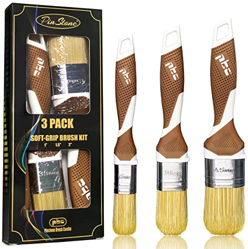 PinStone 3 Pack Professional Paint Brushes Set, 1, 1.5, 2 Synthetic Bristles, Easy-Grip Rubber Handle, Furniture Cabinet Paint Brush, Chalk Paint Brush, Ultra-Smooth Finish, Large Paint Absorption