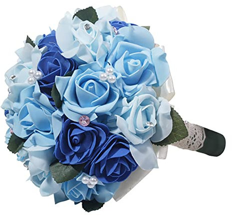 Brautstrauss Hochzeit Blumenstrauß,Rosen Künstliche Blumen Braut Hochzeitsblumenstrauß Hochzeit Rosen Strauß Rosenstrauß Bouquet Deko Romantische Blumen Brautjungfern Blumensträusse mit Perlen,Blau