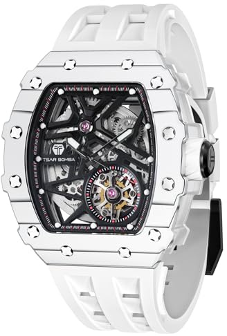 TSAR BOMBA Herrenuhr Automatik Uhren Herren- Japanisches Mechanische Uhrwerk-Saphirglas - 50M Wasserdicht-Lünette aus Kohlefaser-Fluorkautschuk-Luxus Leuchtend Quadratische Uhr