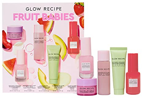 Glow Recipe - Fruit Babies s Kit Mini Travel Size Beauty Essentials Avocado Foam Cleanser, Niacinamide Dew Drops Serum, Pore-Tight Toner, Salicylic Hyaluronic Acid Cream (5 Count), 0.65 pounds