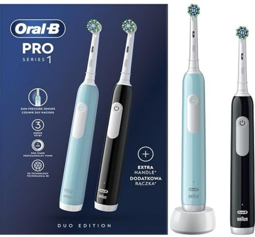 Oral-B Pro Série 1 Brosse à Dents Électrique, Ensemble de 2, Fabriqué en Technologie Braun, 2 Têtes De Brosse À Dents, Bleu et Noir