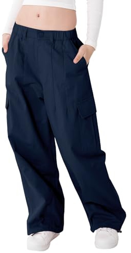 Rolanko Pantalon Cargo pour Filles, Pantalon Baggy en Coton à Taille Elastiquée avec Plusieurs Poches pour Les Enfants de 6 à 15 Ans, Bleu Marine, Taille: 170