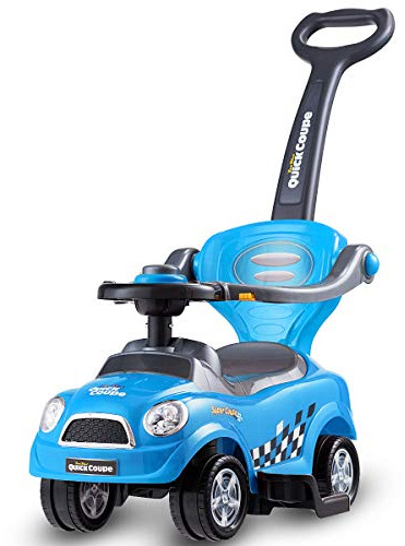 COSTWAY 3 en 1 Voiture à Pousser Enfants de 2-6 Ans avec Poignée Amovible, Porteur avec Garde-Corps, Klaxon & Volant, Espace de Stockage Caché, Dispositif Anti-basculement, Charge 23kg (Bleu)