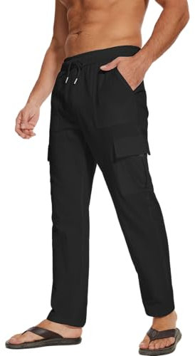 LVCBL Herren Sommer Leinenhose mit Taschen Elastische Taille Schwarz XL