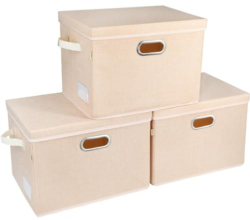 Voova Large Collapsible Storage Bins with Lids,3 Pack Stackable Linen Fabric Cube Storage Organizer,Foldable Closet Storage Boxes Baskets Containers with Cover for Clothes,Bedroom,Home,Apricot