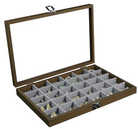 Stratalife Wood Jewelry Organizer 30 Grid Earring Tray Jewelry Holder Ring Box Earring Holder Organizer with Clear Lid Ring Storage for Women Vintage Style