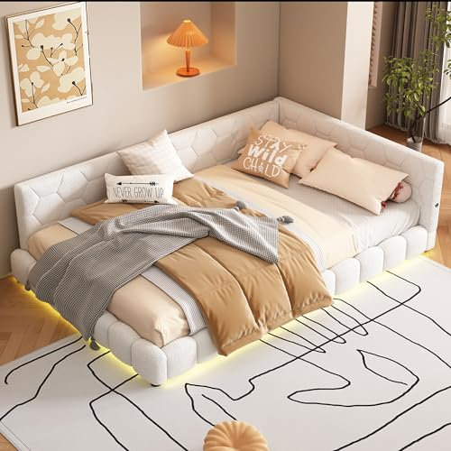 okwish Polsterbett 140x200cm Schlafsofa, Funktionsbett Jugendbett mit LED und USB-Anschluss, Daybett Gepolstertes Bettgestell mit Lattenrost, Tagesbett Kinderbett Bett-Sofa, Samt Weiß (ohne Matratze)