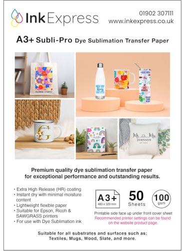Ink Express Subli-Pro A3+ 100gsm Dye Sublimation Transfer Paper Compatible with EPSON, SAWGRASS, RICOH, Brother Sublimation Printers (50 Sheets)
