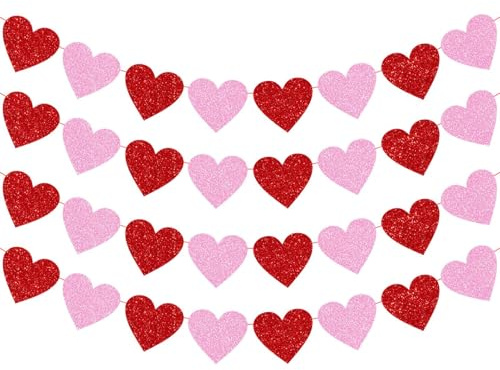 Glitter Red Pink Banner, 4 Strings Red Pink Shiny Heart Banners Sign for Celebrate Party Wedding Ceremonies Holiday Party Decorations