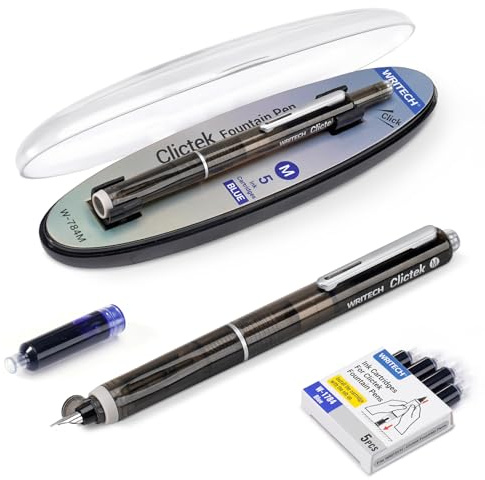 WRITECH Clictek Fountain Pen Retractable: Medium Nib Blue Ink Transparent Barrel Includes 5 Refillable Ink Cartridges, Smooth Writing No Leaking