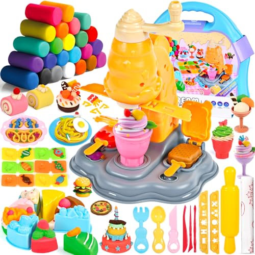 JEDWKFA 56 Stück Knete Set, DIY Knete Eismaschine, Knete Zubehör, Enthalten Eismaschine, Nachtisch, Knete Set Knetwerkzeug für Kinder, Spielzeug Geschenk Mädchen & Junge 2-6 Jahre