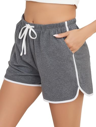 Vlazom Dam bomullspyjamas shorts mjuka sovbyxor loungeshorts för yoga gym löpning med fickor S-XXL, Mörkgrått, L