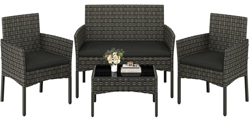 Yaheetech Set med 4 trädgårdsmöbler, balkongmöbler, sats av polyrattan terrassmöbler, utomhus med 2 soffor, 2 stolar, bord och sittdyna för terrass/balkong/trädgård, grå