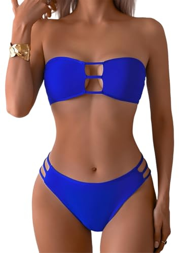 Tainehs Women's Two Piece Strapless Bikini Sets Bandeau Cutout Swimsuit High Cut Bathing Suits Blue