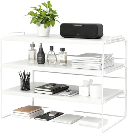 powerking Desk Shelf Organiser, 3 Tier Desktop Shelves with Wood Board, Adjustable Display Bookcase, Multipurpose Bookshelf Storage Rack for Tabletop, Home Office School Study Room