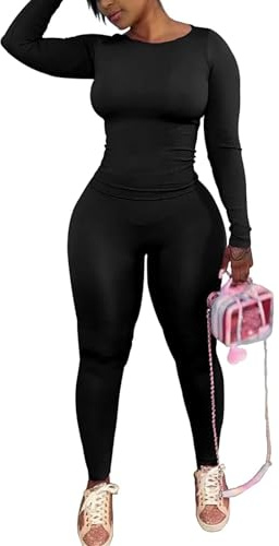 chicyes Women's 2 Piece Matching Lounge Sets Workout Long Sleeve Tops Legging Pants Casual Spring Two Piece Outfits Black