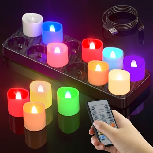 SoulBay Lot de 12 bougies chauffe-plat rechargeables à LED sans flamme avec télécommande et station de charge vacillante pour décoration de maison, de chambre, d'Halloween, de Noël