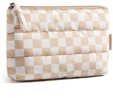 BAGSMART Small Makeup Bag, Puffy Portable Cosmetic Pouch with Charm Zipper, Water-Resistant Travel Organizer for Women (Khaki Checkerboard, Small)