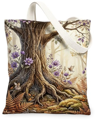 Tree Canvas Tote Bag, Fanciful Natural Flower Fern Fall Brown Shopping Bag 13x15 Inch, Brown, 13x15 Inch