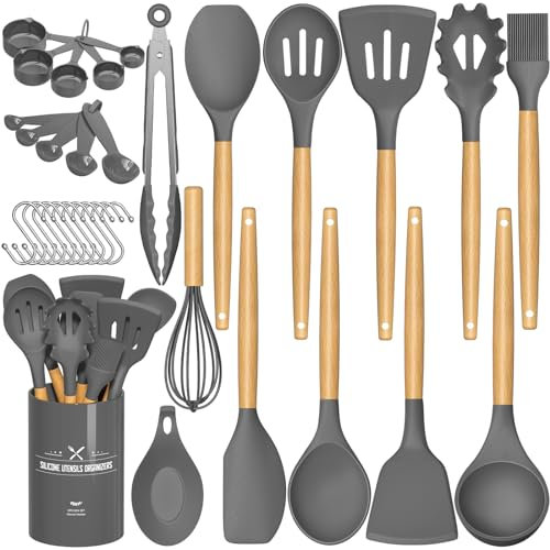 Umite Chef Küchenutensilien-Set, antihaftbeschichtet, Silikon, Küchenutensilien, Spachtel-Set mit Halter, Holzgriff, hitzebeständiges Silikon, 33-teilig, Grau