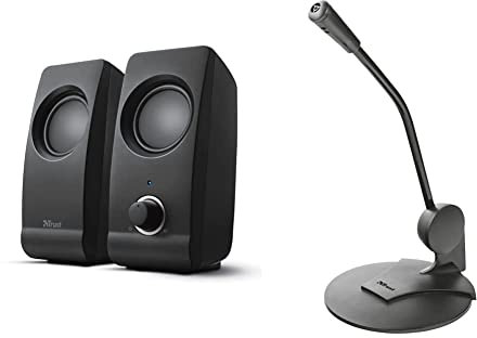 Trust Remo Casse PC 2.0, 16 W (8 W RMS), Alimentazione USB, Jack AUX 3.5 mm, Altoparlante Stereo & Primo Microfono da Tavolo ad Alta Sensibilità su Supporto con Spina da 3.5 mm, Nero