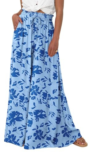 PRETTYGARDEN Women's 2026 Summer Wide Leg Palazzo Pants High Waisted Flowy Pockets Trendy Casual Lounge Boho Beach Trousers (Print Blue,Large)