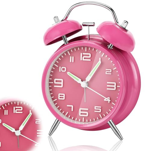 Gowkeey Doppelglockenwecker, Rund Wecker mit Nachtlicht und Leuchtzeigern, Wecker Analog Ohne Ticken mit Großes Zifferblatt, Lauter Alarm, Wecker Retro, Sanftes Aufwecken für schwere Schläfer (Rosa)