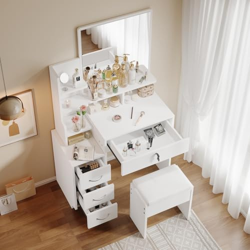 Dripex Schminktisch Frisiertisch mit Spiegel Hocker, Kosmetiktisch mit 4 Schubladen und offenen Fächern Frisierkommode, Weiß