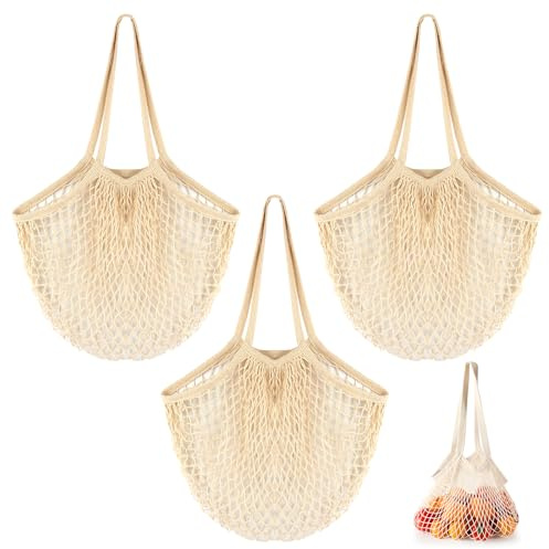 3 stycken inköpsnät, bomullsrep med långt handtag, 35 x 35 cm, för grönsaker | Shoppingväska nät, biologiskt nedbrytbar, återanvändbar, lätt, bärbar, tvättbar, för frukt, sandleksaker, kläder