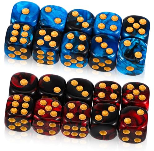 JIEYAO 20 Stück Würfel Set, Polyedrische Würfel D6 Würfelset 16mm Acryl Dice Spielwürfel Blau und Rot Farbwürfel mit Goldpips Bunte Würfel für Rollenspiele Würfelspiele Tischspiele