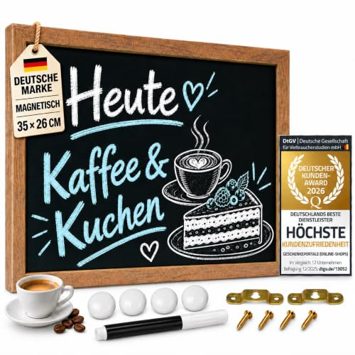 GOODS+GADGETS® Magnetisk Krittavla med Träram – 26 x 35 cm | Skiffertavla för vägg inkl. kritpenna, 4 magneter & monteringskit – skrivtavla för kök & hall