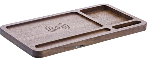 InLine WoodCharge 33392Y - Base de Carga inalámbrica Qi de Madera de Nogal, Organizador de Escritorio con LED, 3 bobinas, USB-C, Cargador inalámbrico