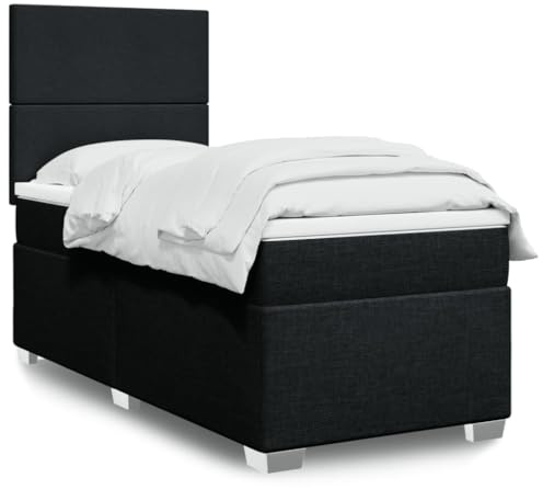 QUAHEAS Resårsäng med madrass, svart, 90 x 200 cm, tygöverdrag, justerbar sänggavel, fickfjäderkärna, 5-zons-komfort, för vilsam sömn