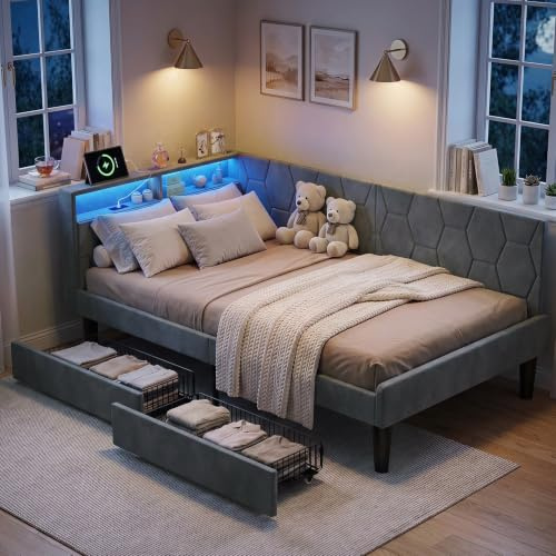 BPKADHY Polstrad säng, bäddsoffa, 90x200, med LED och USB-C, ungdomssäng 90x200 med förvaringsutrymme, 2 lådor, enkelsäng, dagbädd, sängstomme med ribbotten, sammet, grå, utan madrass (Grå-B, 90x200cm