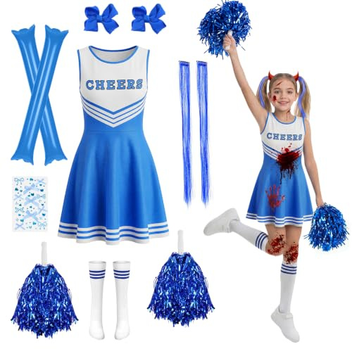 AYBUY Cheerleader Costume for Girls, Kids Cheerleader Outfit with Pom Poms, Stockings, Cheering Sticks, Girl's Cheerleading Uniform for World Book Day Halloween Carnival Party Cosplay School Events