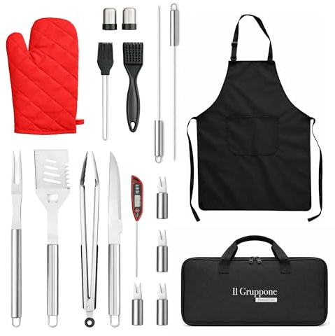 IlGruppone Set BBQ Professionale con Termometro Carne – Accessori Barbecue in Acciaio Inox 430 Alimentare con Pinza, Spatola, Forchettone, Coltello, Grembiule Kit 7 o 17 Pezzi - Kit 17 Pezzi