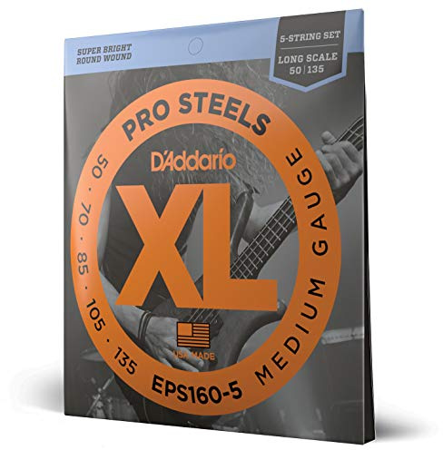 D'Addario XL ProSteels Bass Guitar Strings - EPS160-5 - 5 String - Long Scale - Medium, 50-135