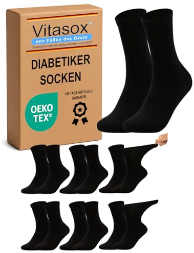 Vitasox 11124 Chaussettes pour diabétiques pour femme en coton, chaussettes médicales sensibles sans élastique sans couture 6 paires noires 39/42