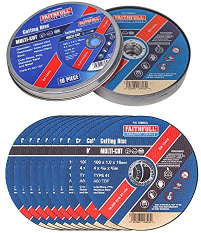 Faithfull Extra Thin 1mm Fast Cut Cutting Discs – 100mm x 1mm x 16mm (4 inch) Multi-Cut Disc, 10 Pack with Storage Tin