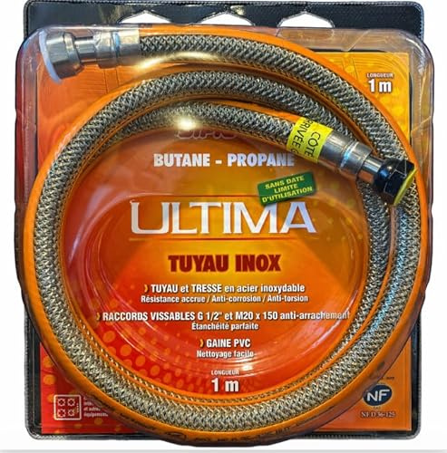 DIPRA - Flexible inox gaz butane propane 1M - Sans date limite d'utilisation - Certifié NF - Raccords G 1/2 et M20x150 - Gaine PVC