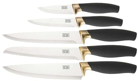 Taylors Eye Witness Brooklyn Brass 5 Piece Kitchen Knife Set Soft Grip with Sharpener