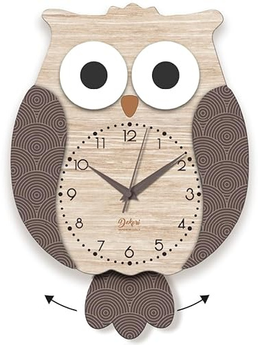 DEKORI – Orologio da Parete a Pendolo Gufo in Legno, Design Decorativo Moderno, Silenzioso, 25x34 cm