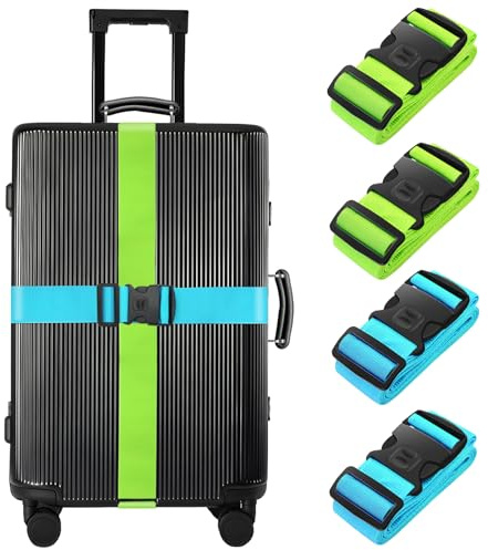 BILIONE 4 Pcs Luggage Straps for Suitcases Strap Lockable Suitcase Belts | Heavy Duty Luggage Straps,Adjustable Suitcase Straps,Premium Accessory for Travel Bag Closure (Blue+Green)