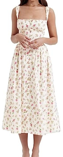 THUCHENYUC Impresión Bustier Sundress, Mujeres Corsé Floral Vestido Midi Corte Bajo Sin Mangas Cuello Cuadrado Vestido Corsé (Color : White, Size : S)