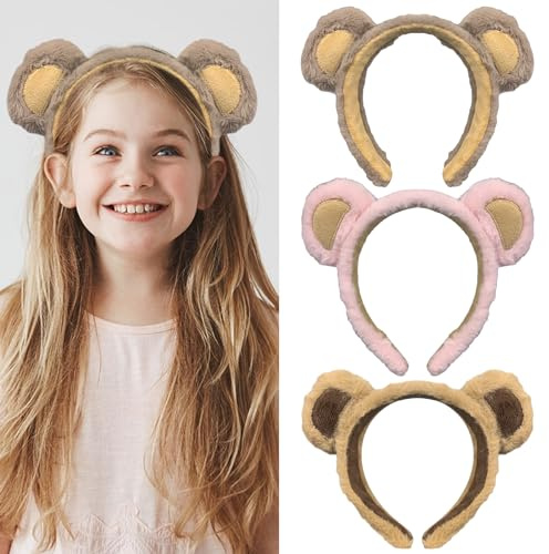 Diadema con Orejas de Oso,Forreen 3 Pieza Diadema con Orejas de Animal Peluche Lavado Moda Suave Cómoda Diadema para Lavarse Para Cabello Adultos Niños Decoración