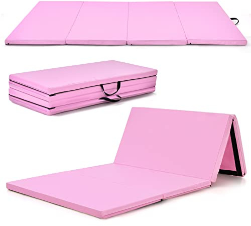 GOPLUS Tapis de Gym Épais Pliable, 240x118x5 CM, Tapis de Gymnastique 4 Plis avec Attaches Auto-Agrippante, Poignée Transport Portable en Cuir, Tapis Fitness pour Yoga, Sport