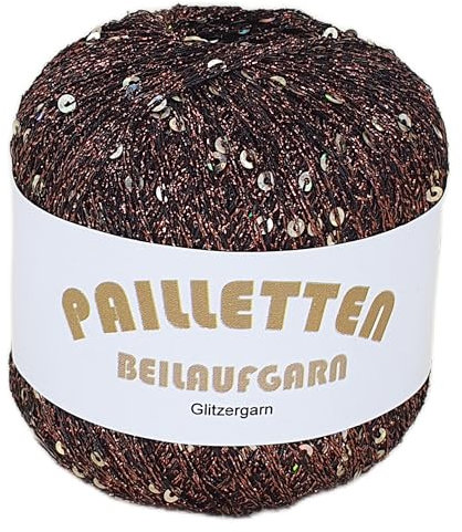 Pailletten Beilaufgarn auf 25 Gramm Knäuel in verschiedenen Farben (Dunkelbraun mit Pailletten in Gold)
