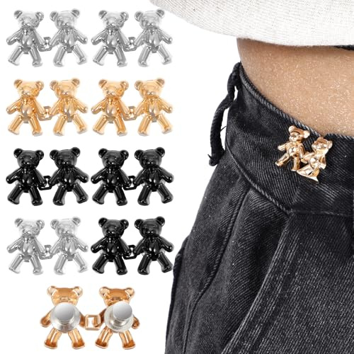 Oruola 9 Pairs Waist Tightener,Bear Pant Waist Tightener Clips,Cute Metal Bear Jeans Buttons to Adjust Waistband for Loose Jeans,Button Pins for Clothing Dresses No Sewing Decoration Accessories