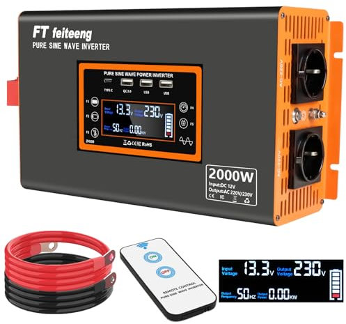 2000W Reiner Sinus-Wellenleistungsinverter, 12V DC bis 220V/230V AC-Konverter mit LCD-Display, USB-C-Anschluss und QC 3.0-Hafen für Camping-Notfallfahrzeuge Truck RV