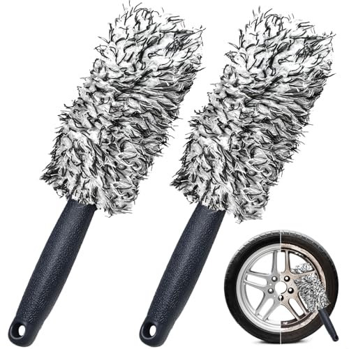 Lot de 2 brosses pour jantes en aluminium, brosse de nettoyage pour jantes en microfibre, brosse pour jantes de voiture en acier, élimine sans effort la saleté difficile à atteindre des jantes, pour